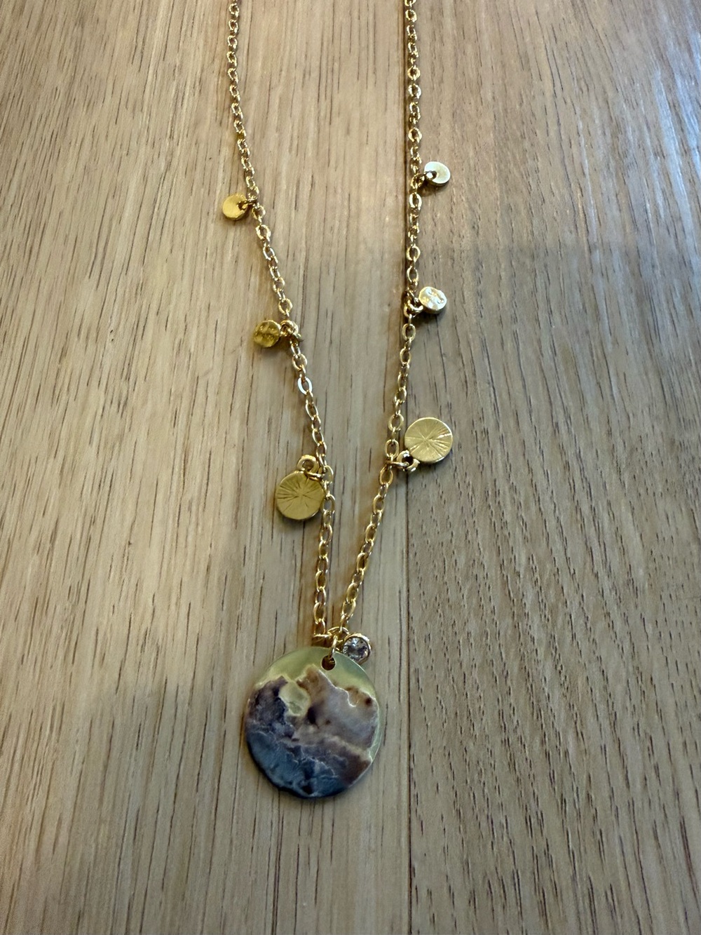 Gold Disc Pendant Necklace with Multicolor Marble Charm